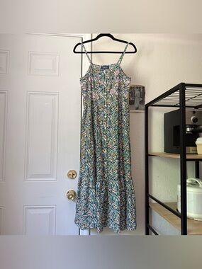 DAVID pink green tropical leaf beaded cotton shell button up midi‎ sundress